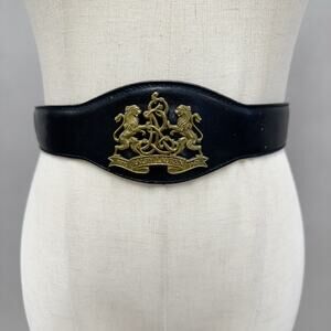 Polo Ralph Lauren 90s Black Leather Belt Brass Lion Crest Buckle Size 28 Italy